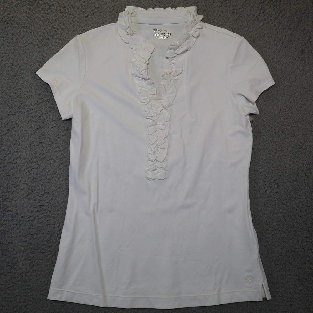 Lilly Pulitzer Luxletic White Ruffle V-Neck Polo Shirt Meryl Nylon Womens Medium